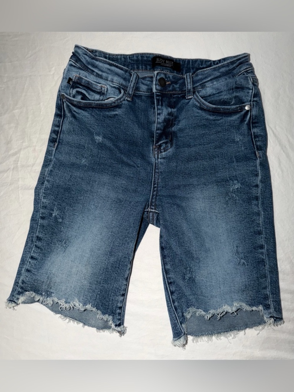 Judy Blue Medium Blue Distressed Bermuda Denim Shorts - Picture 3 of 12